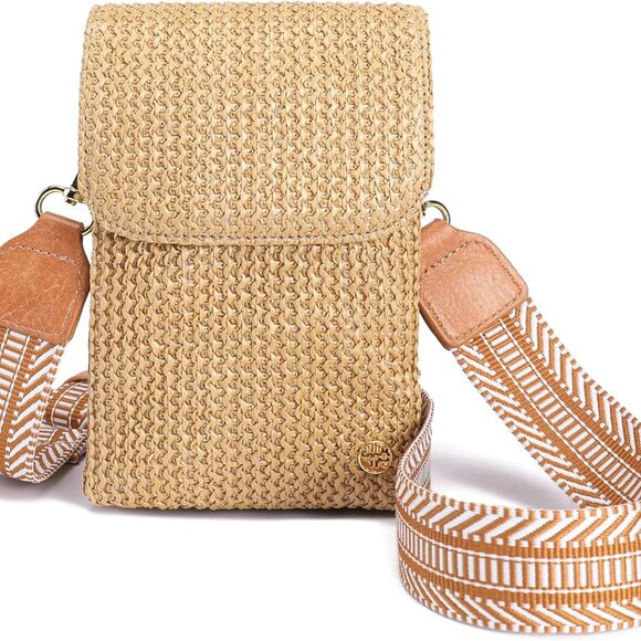 Khaki Brown straw small crossbody purse with RFID blocking, adjustable strap, be - Picture 1 of 7